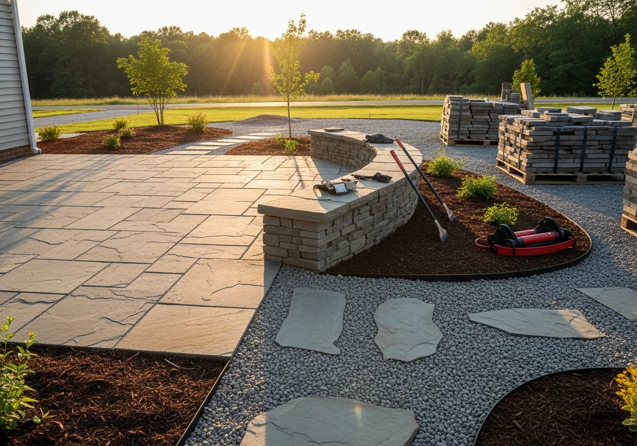 Outdoor hardscape project showing finished patio, retaining wall, or landscape installation with natural stone and landscaping elements.