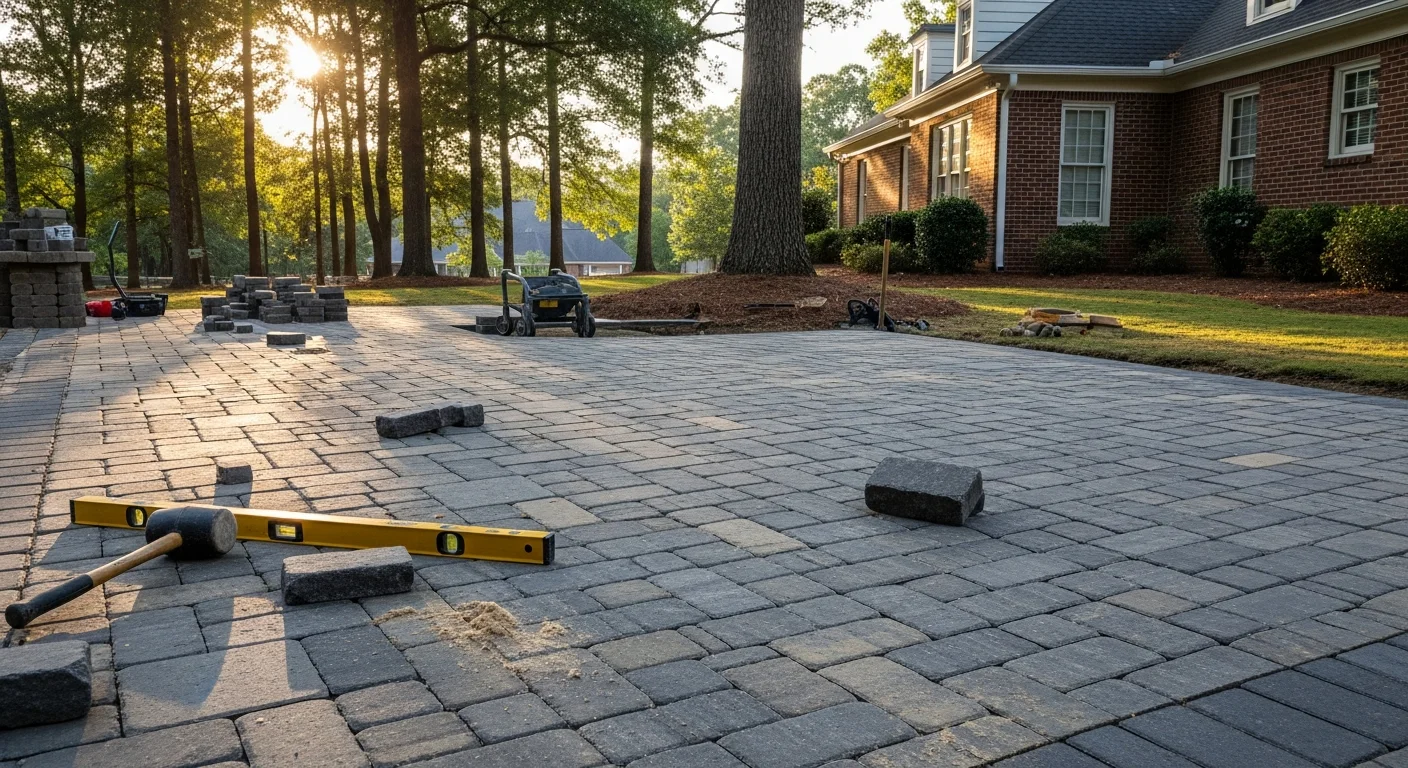 Custom paver patio with retaining wall and landscaping in Charlotte NC