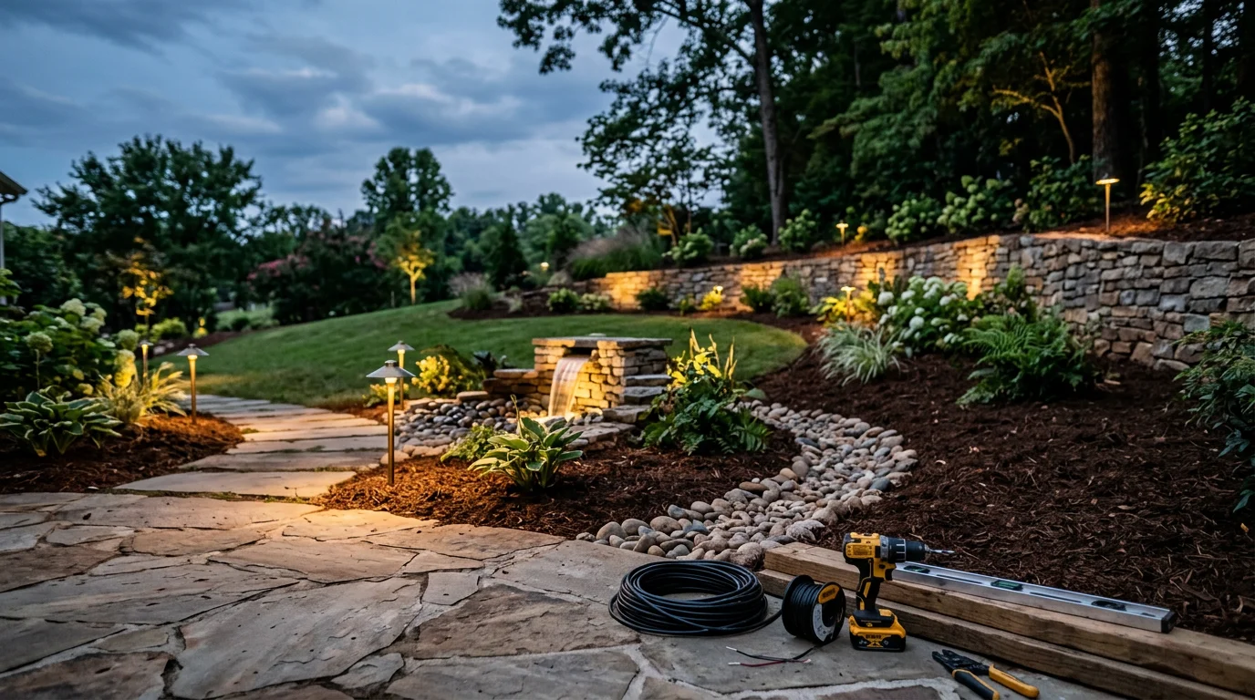 Landscape path and patio lighting with drainage grading in a Charlotte, NC yard