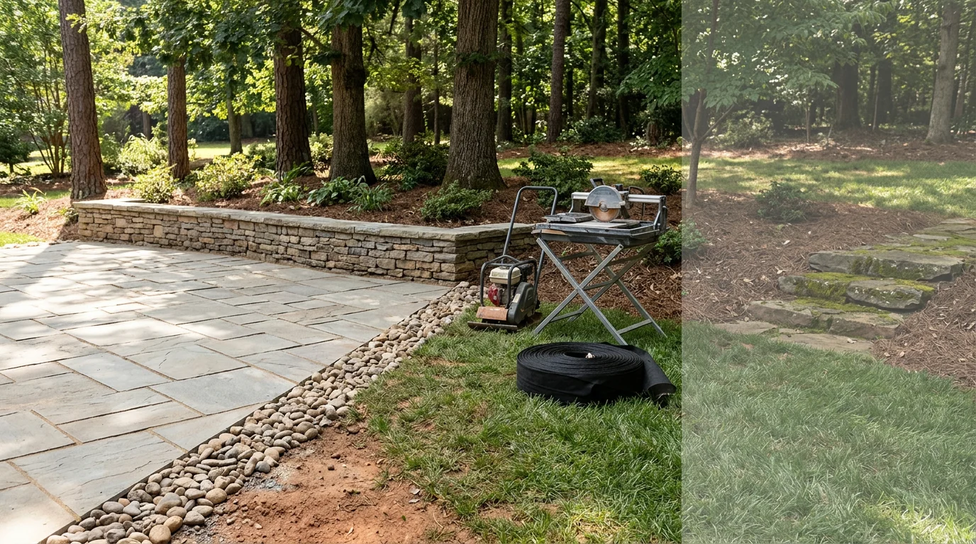 Crew installing natural stone landscaping and hardscape in a Charlotte, NC backyard