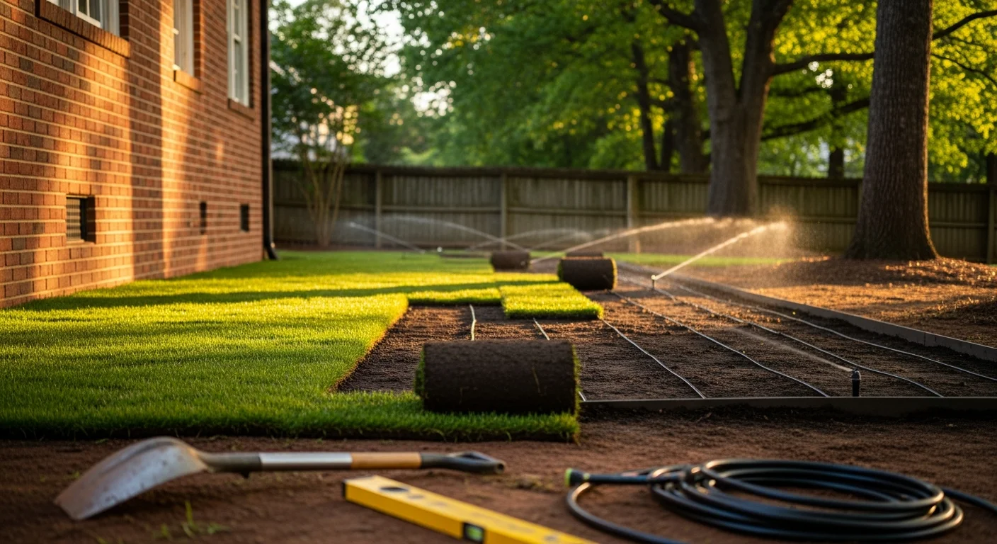 Fresh sod installation and irrigation system in residential lawn