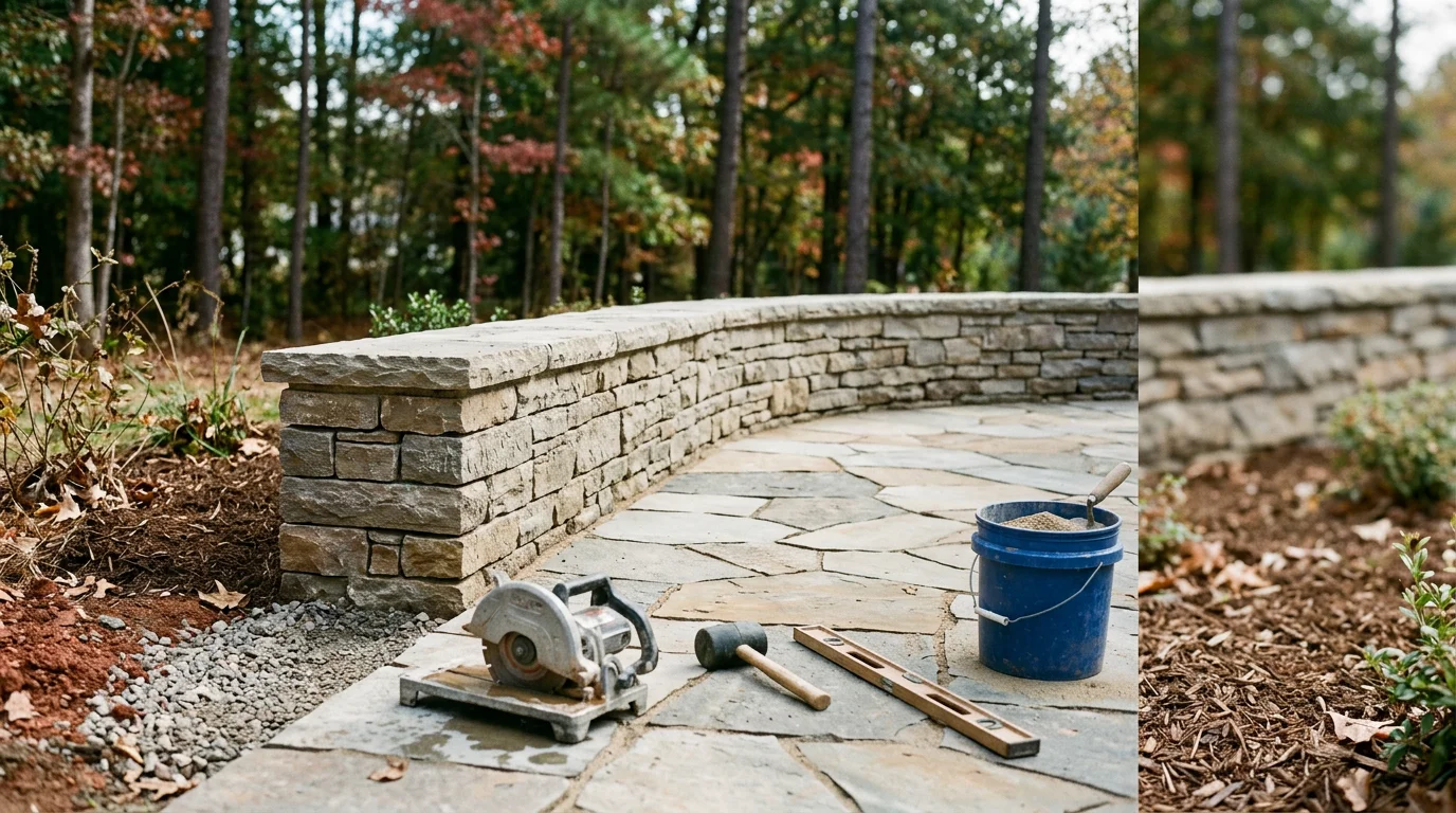 Dry stack stone ledge wall and flagstone patio built by a masonry contractor in Charlotte, NC