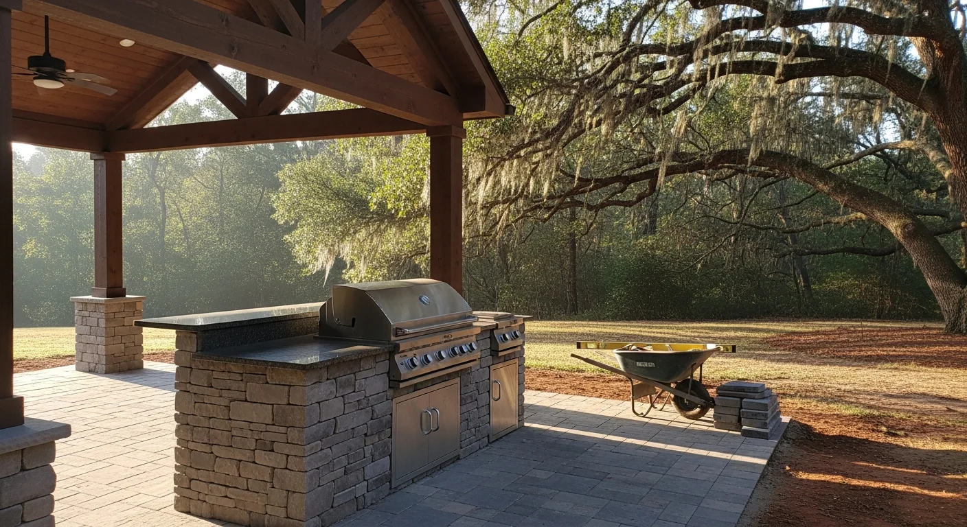 Outdoor kitchen and fireplace structure in backyard setting