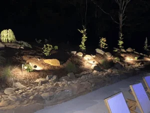Night view of landscape lighting highlighting boulders, river rock, gravel, grasses, and a cactus in a garden bed
