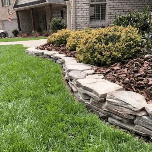 Curved dry-stacked flagstone border with mulched bed and golden shrubs beside a green lawn