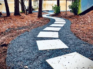 Curved walkway with large pale rectangular stepping stones set in dark gray gravel, bordered by pine straw mulch and pine trees