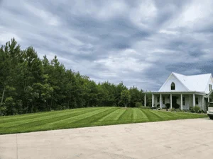 Striped lawn with concrete driveway, tree line, and white farmhouse with covered porch