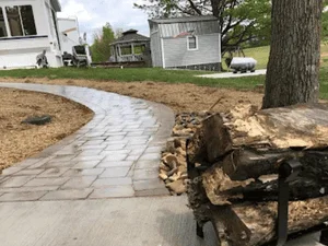 Curved grey interlocking paver walkway beside mulch bed and stacked firewood logs near a tree