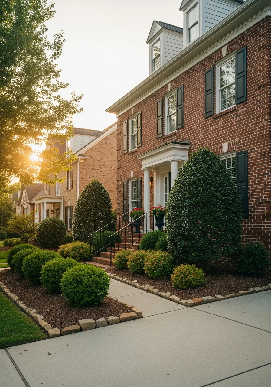 Close-up of a Charlotte home's exterior with mature landscaping and a well-maintained front entrance.