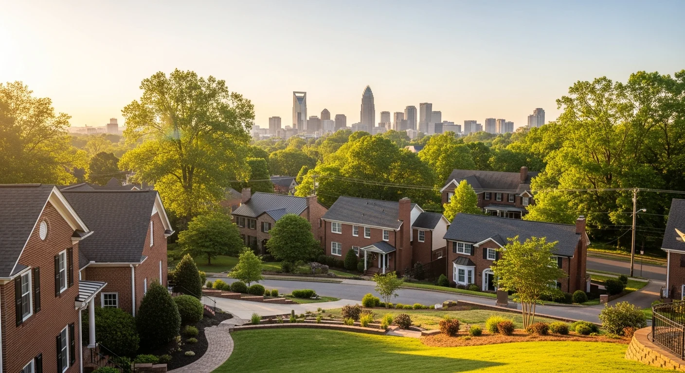 Charlotte skyline with residential neighborhoods in the foreground, showing a mix of older brick homes and newer suburban construction.