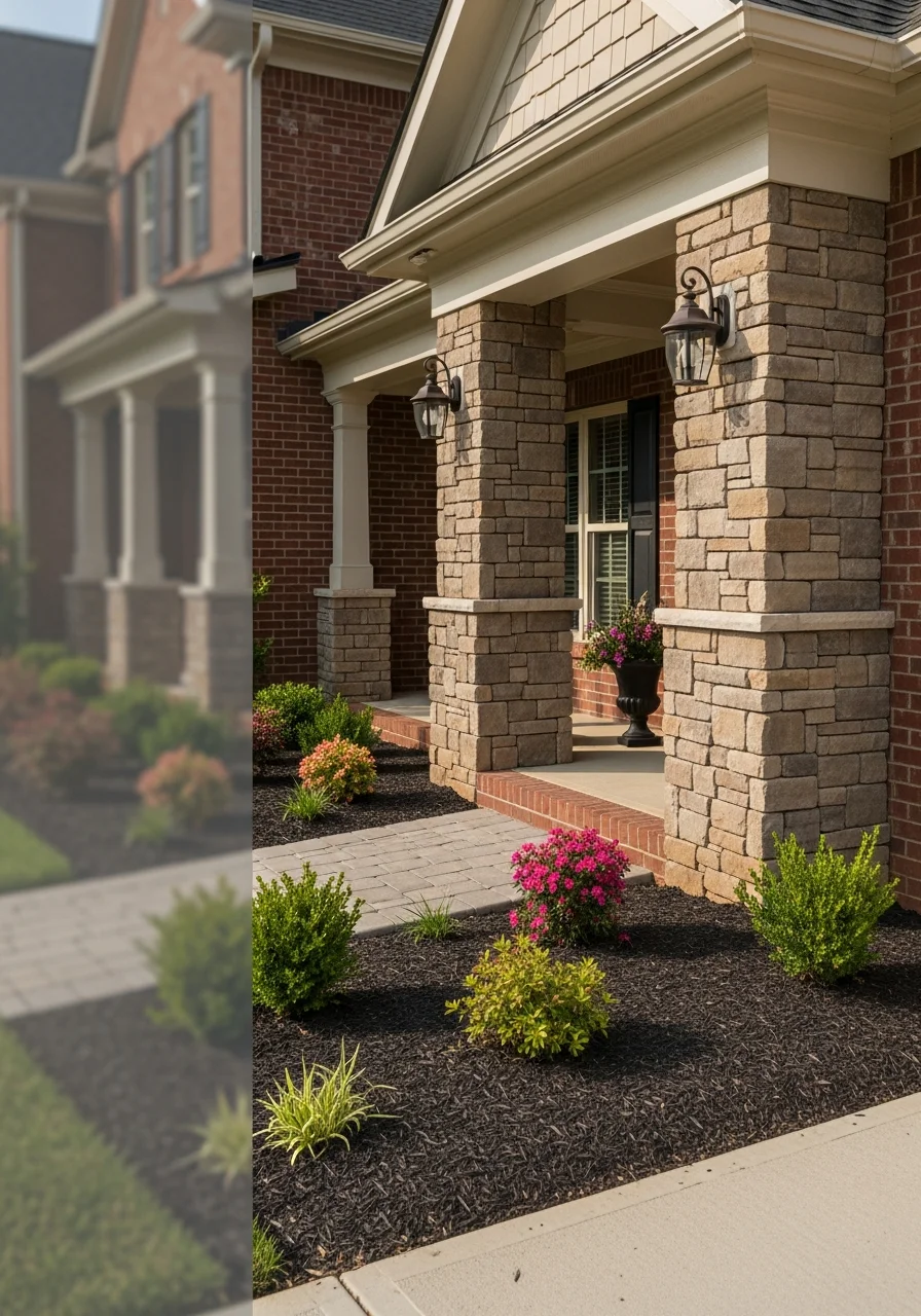 Detail of a well-maintained Greensboro home's entrance with landscaping and architectural features typical of the area.
