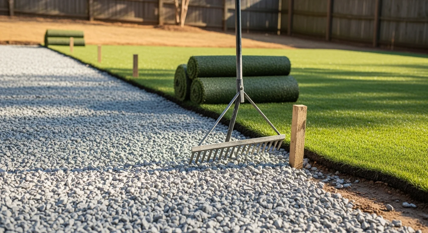 Freshly installed artificial turf covering a residential backyard in Charlotte, NC, with clean seam lines, a compacted base edge visible along the border, and a wood fence in the background. The surface shows uniform green color and upright fiber texture under bright afternoon sunlight.