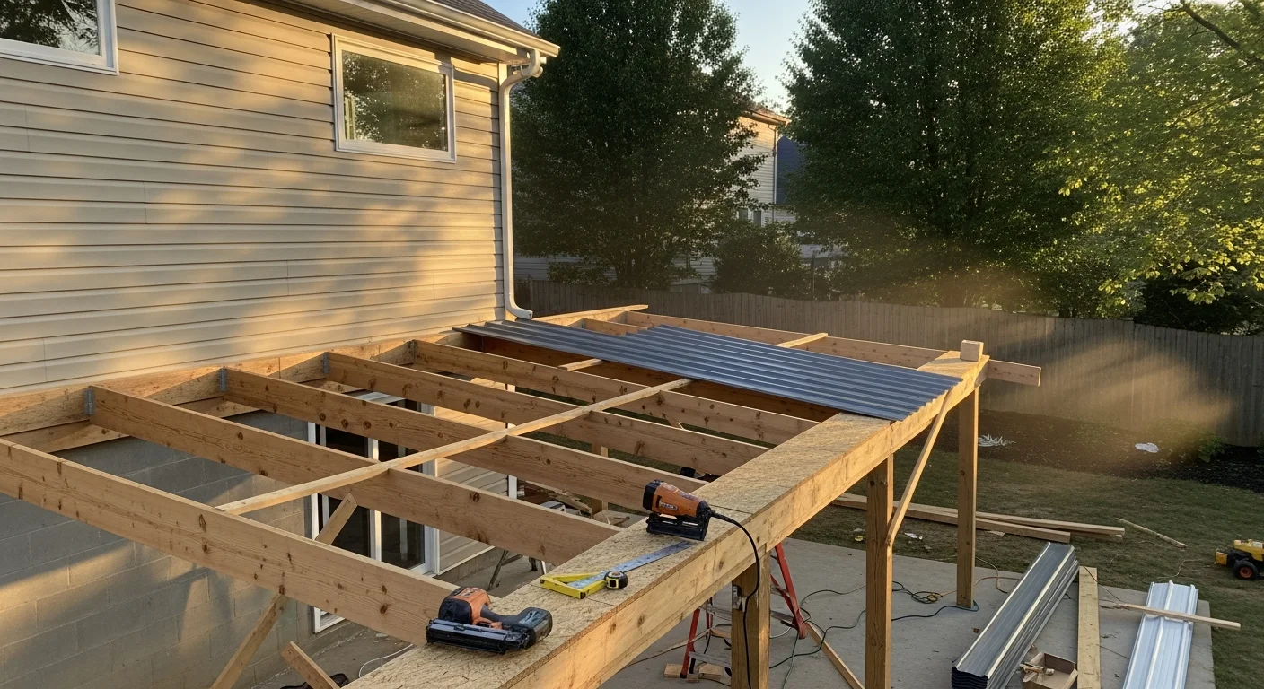 A newly installed covered patio attached to a Charlotte, NC home, featuring a solid roof structure, clean framing, and an open outdoor living area with a concrete paver floor. The structure provides full shade over a seating area in a residential backyard.