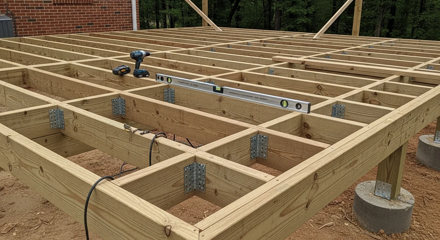 A newly built custom wood deck attached to the back of a residential home in Charlotte, NC, featuring multi-level platforms and open railing. The structure overlooks a grassy backyard typical of Mecklenburg County properties.