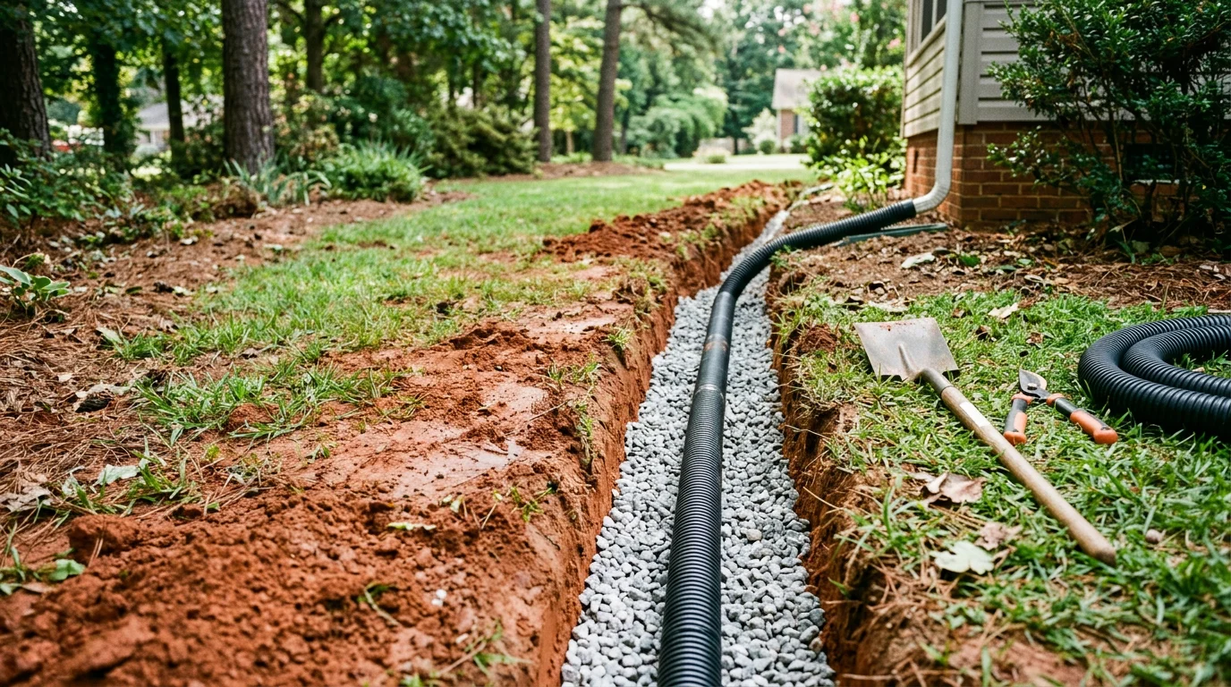 A completed French drain installation in a Charlotte, NC residential backyard, showing a gravel-filled trench with perforated pipe running along a clay-soil slope toward a catch basin outlet. The surrounding lawn and mulch beds are restored and graded away from the home's foundation.