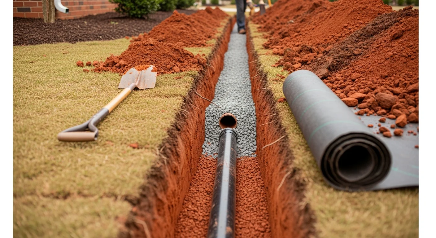 A completed French drain installation in a Charlotte, NC residential backyard, showing a gravel-lined trench channel running along a sloped lawn edge away from the home's foundation. The surrounding turf is intact and the yard shows no signs of standing water or erosion.