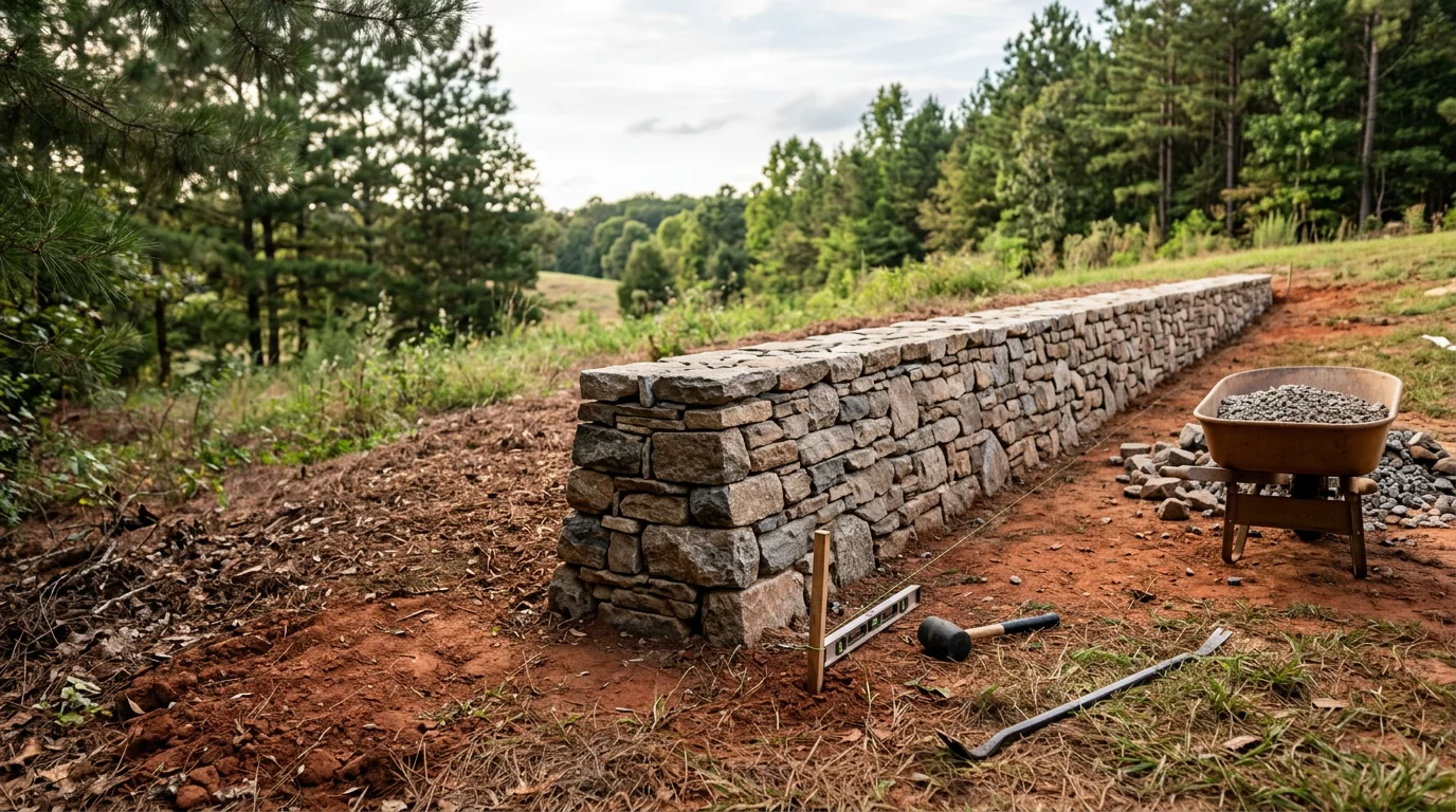A dry stack stone wall built along a sloped backyard in Charlotte, NC, with natural stone courses set without mortar against a red clay hillside. The wall creates a level planting area above and shows clean stone jointing with no visible mortar lines.