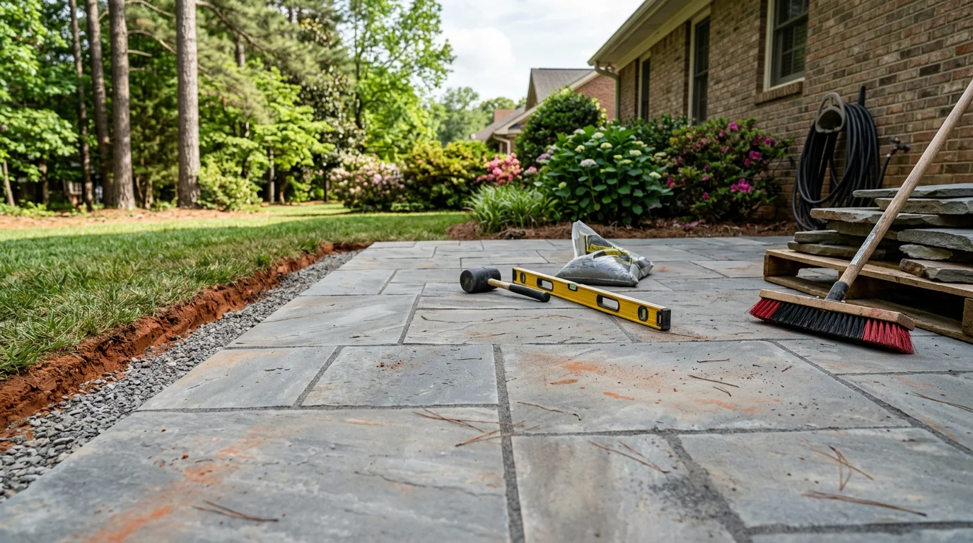A completed flagstone patio installed in a Charlotte, NC backyard, showing irregular natural stone pieces set with tight joints on a level surface. The patio extends from the rear of a residential home with a graded edge and clean stone-to-lawn transition.