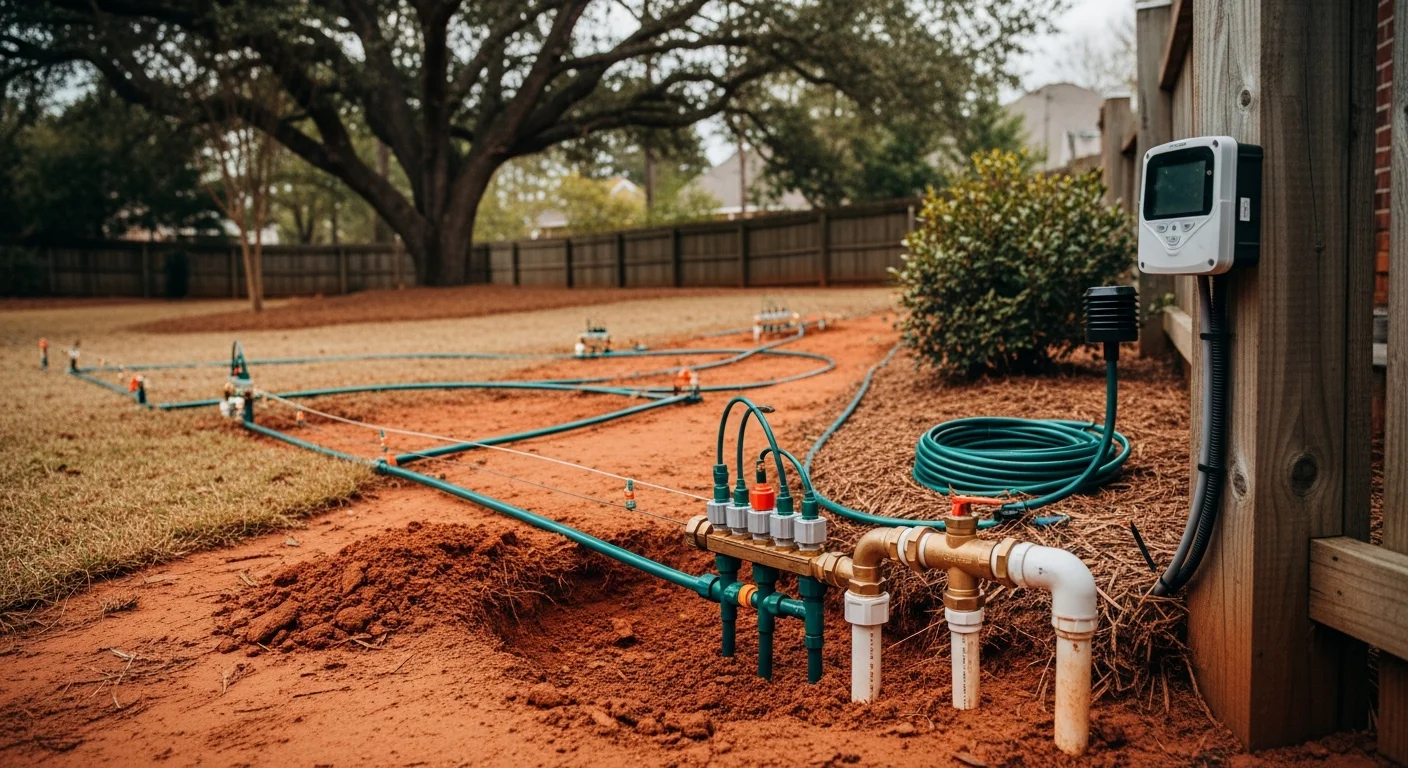 A freshly installed in-ground irrigation system with pop-up sprinkler heads watering a green residential lawn in Charlotte, NC. Drip lines run along a mulched garden bed beside a hardscaped patio edge.
