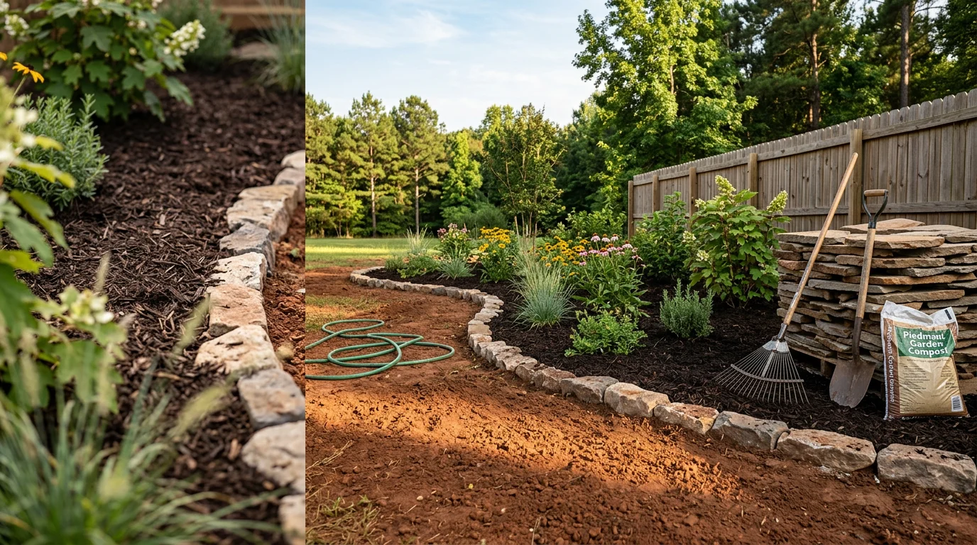 A freshly installed residential landscape in Charlotte, NC, featuring shaped planting beds, ground cover, and ornamental plantings along the front of a single-family home. The yard shows clean bed lines and healthy plant material suited to the Piedmont climate.