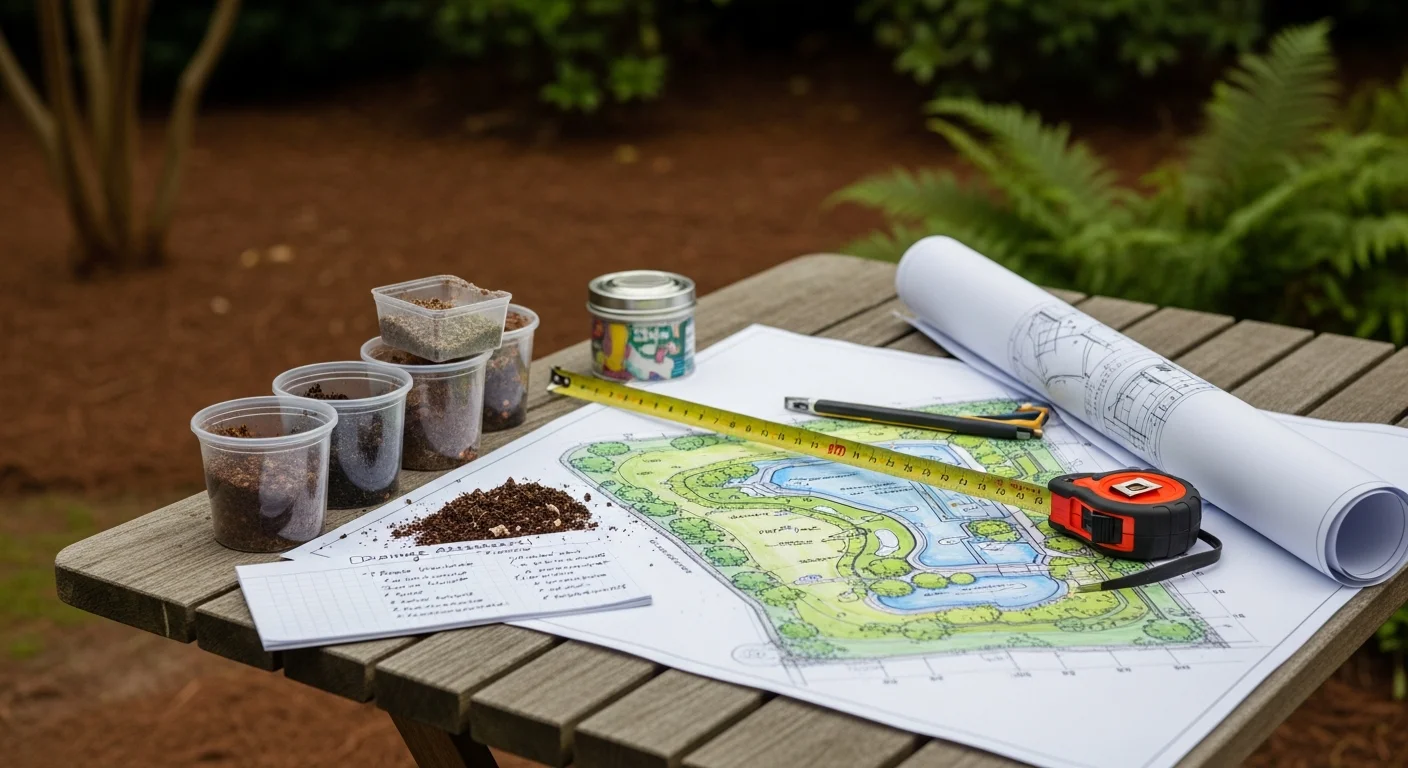 A Charlotte, NC backyard showing a sloped lot with a planned hardscape layout including a paver patio and defined planting beds on red clay soil. A landscape contractor reviews the site during an on-property design consultation.