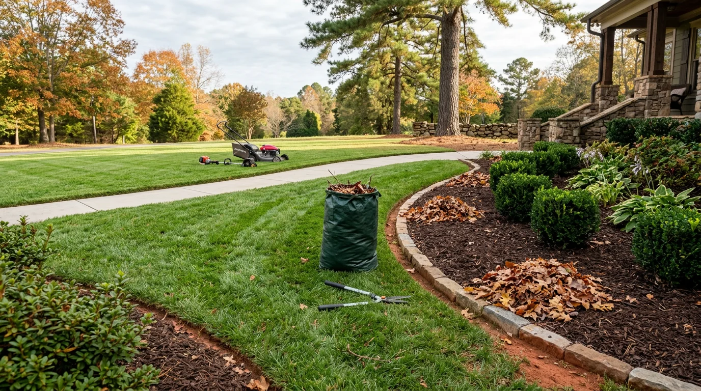 A well-maintained residential lawn in Charlotte, NC with cleanly mowed turf, trimmed shrub borders, and defined bed edges along the front of the home. A landscape maintenance crew works in the background on a clear day.