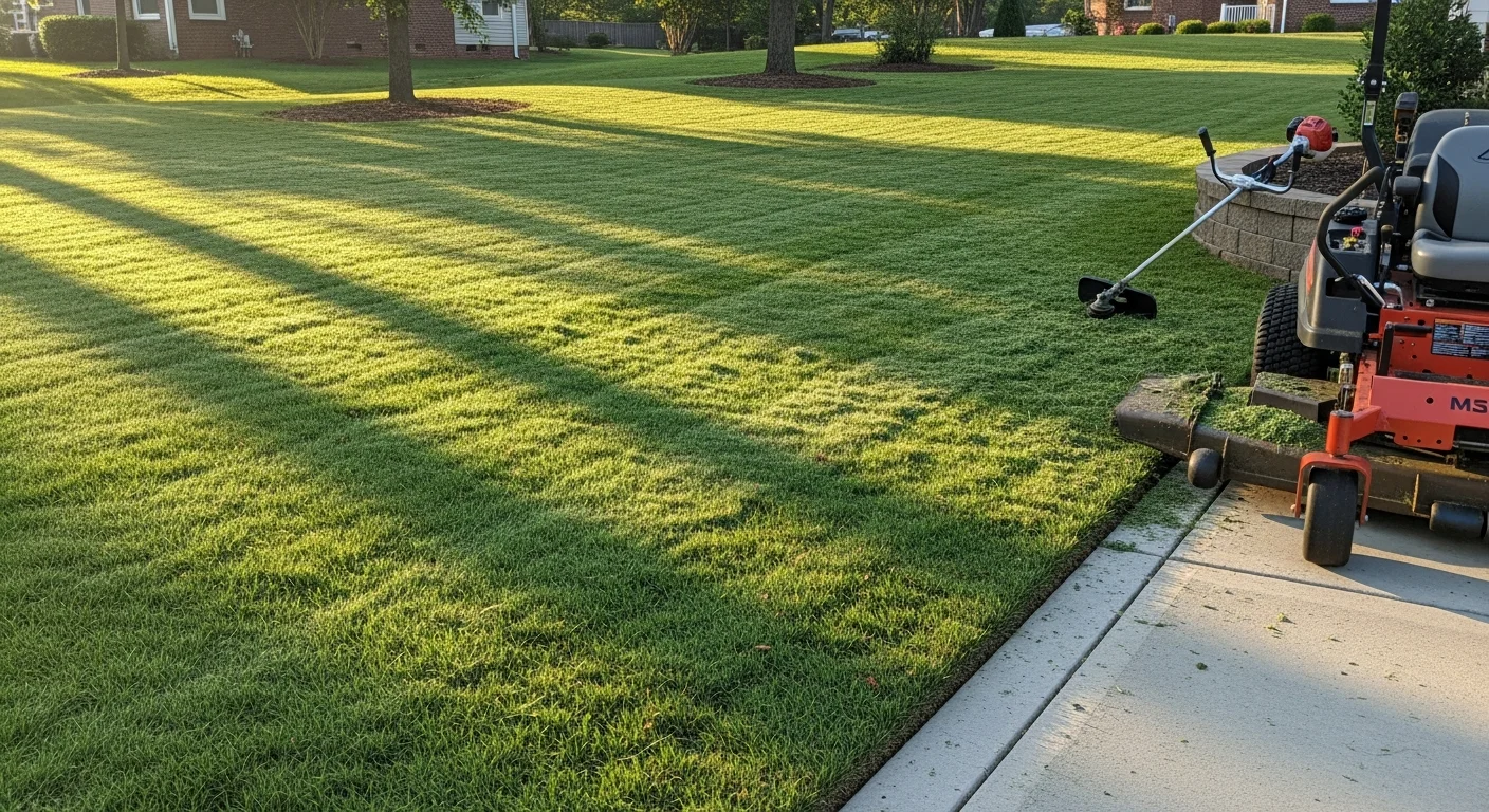 A neatly mowed and edged residential lawn in Charlotte, NC with clean lines along a paver border and trimmed grass around a retaining wall. The turf shows uniform cut height with no clippings left on the surface.