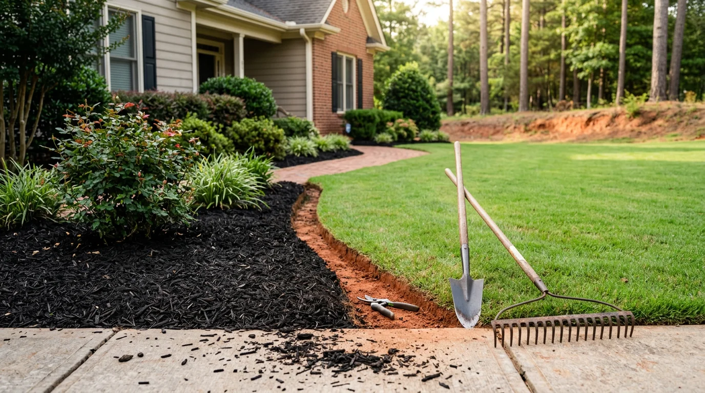 Freshly mulched landscape beds with sharp, clean-cut edges along a residential property in Charlotte, NC. Dark mulch fills defined garden borders with a clear separation between the lawn and planting beds.