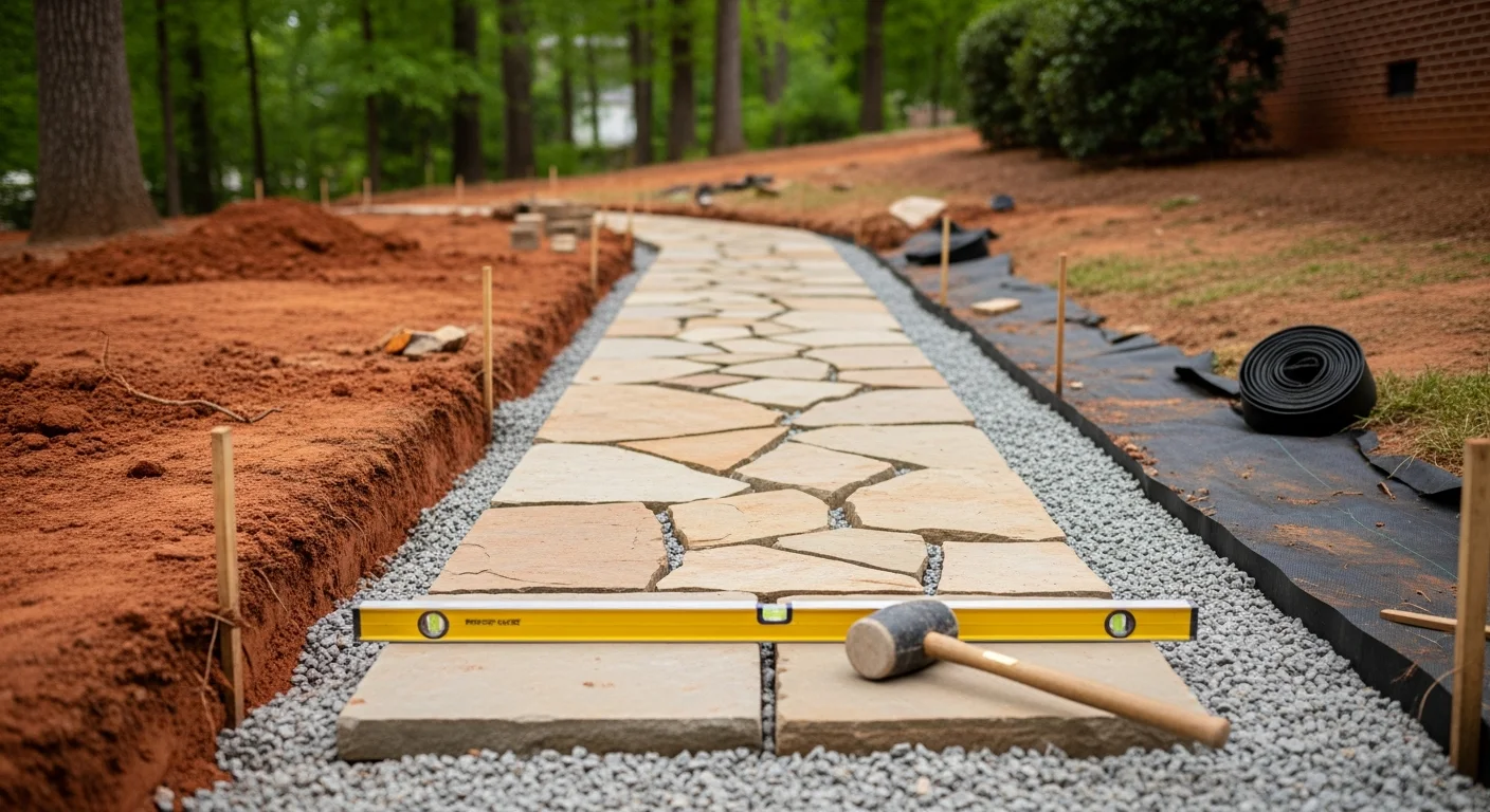 A natural stone walkway installed by Piney Creek Hardscapes leading from a driveway to a front entry on a Charlotte, NC residential property. Flat-set stones are evenly spaced on a compacted base with planted borders on each side.