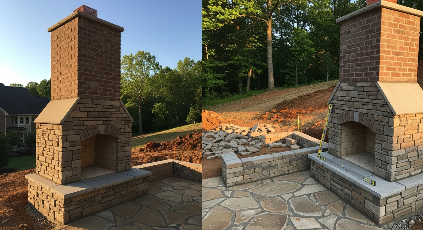 A completed custom masonry outdoor fireplace built by Piney Creek Hardscapes in a Charlotte, NC backyard, featuring a stone veneer finish and chimney cap with a paved seating area in front. The structure anchors an outdoor living space surrounded by a residential landscape typical of the Charlotte area.