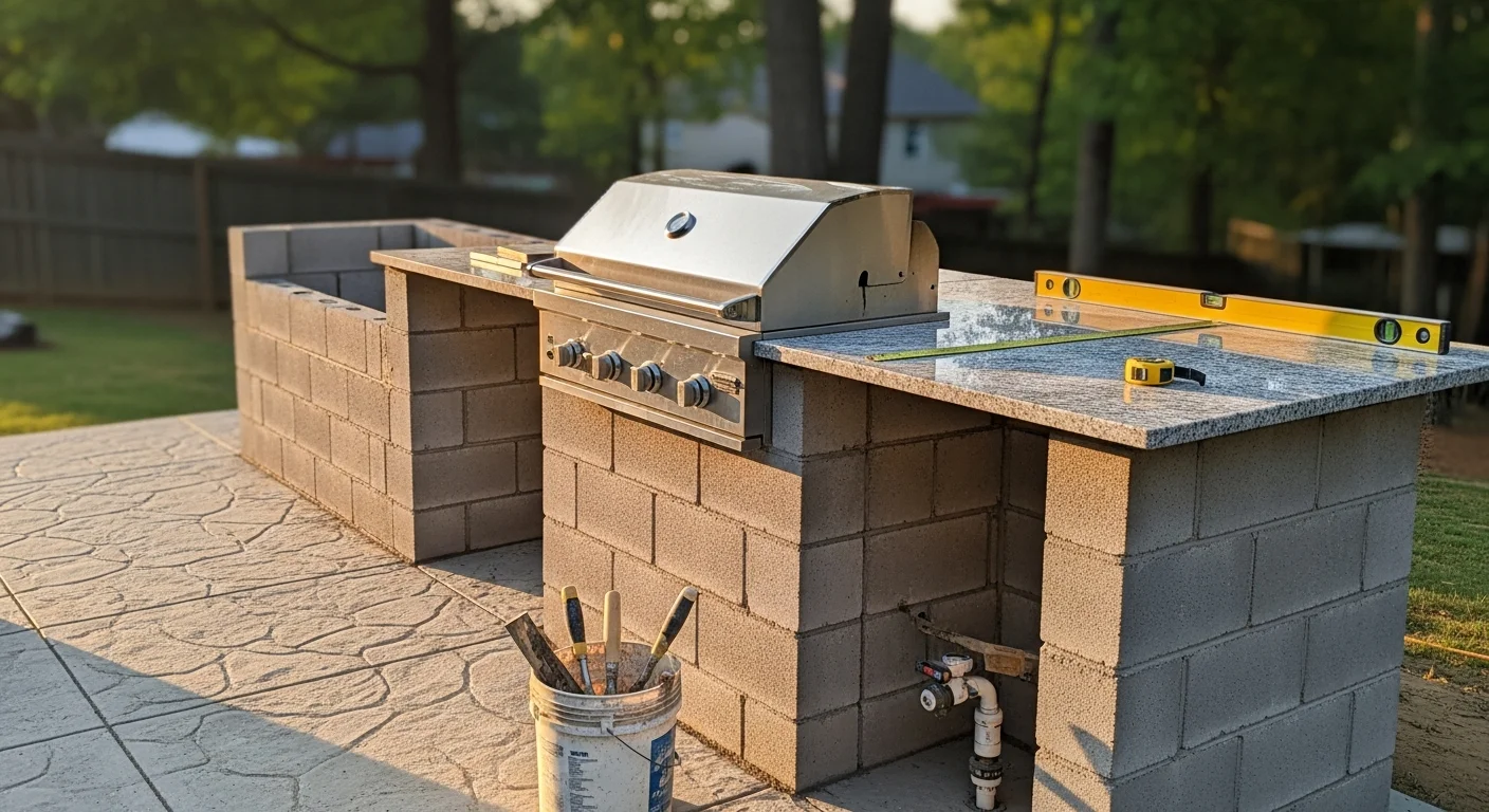 A completed outdoor kitchen installation in a Charlotte, NC backyard, featuring a masonry base, weather-resistant countertops, and a built-in grill station on a paver patio. The structure sits adjacent to the home's rear exterior under a covered outdoor living area.