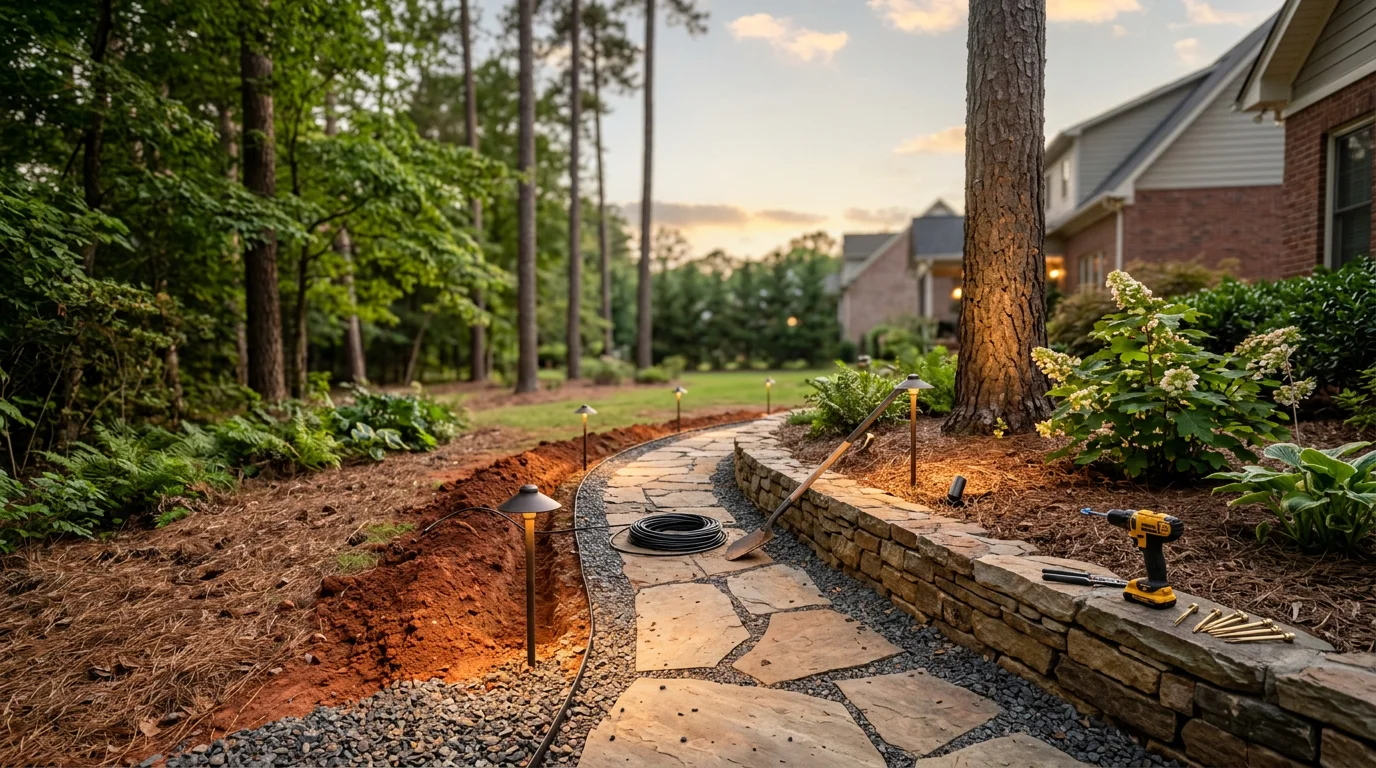 Professionally installed low-voltage LED landscape lighting illuminating the front walkway and tree canopy of a residential property in Charlotte, NC. Path lights line a stone walkway while uplights highlight mature trees against the evening sky.