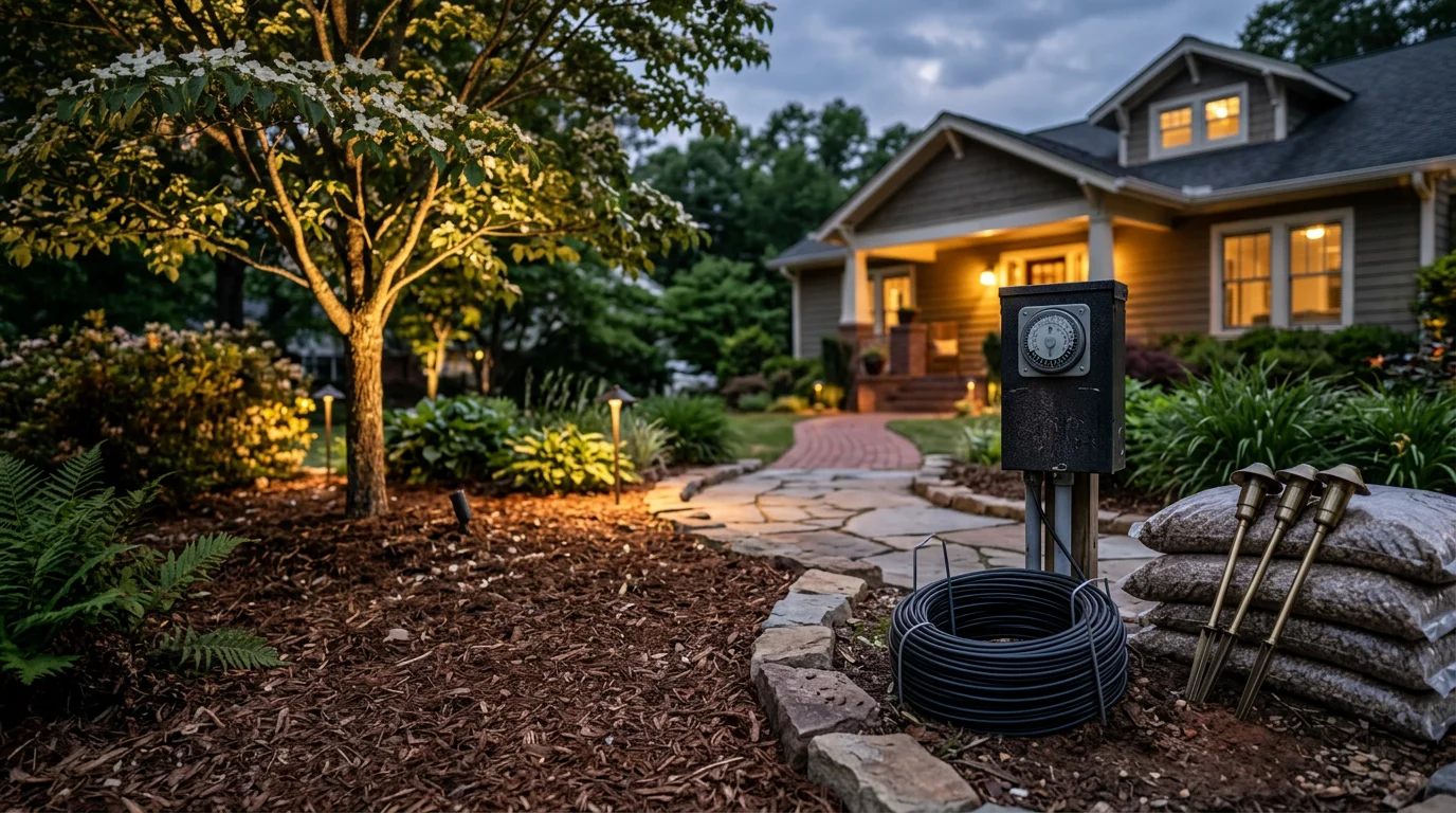Upgraded low-voltage LED landscape lighting illuminating the front yard and architectural features of a Charlotte, NC home at dusk. Warm LED uplights highlight mature trees and a stone walkway leading to the front entrance.