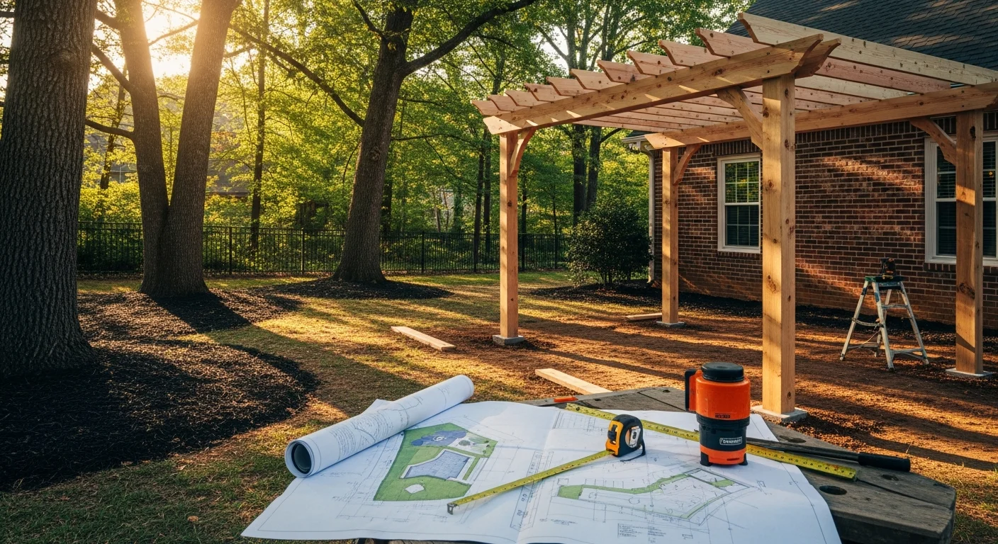 A custom pergola and covered patio structure designed by Piney Creek Hardscapes in a Charlotte, NC backyard, showing clean post framing, overhead shade coverage, and a connection to an existing paver patio. The structure is sized to the yard with open sightlines to the surrounding landscape.