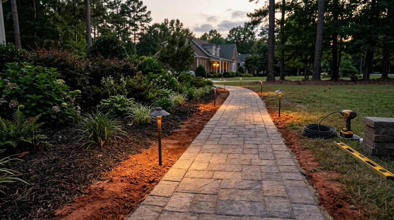 Professionally designed pathway lighting along a residential front walkway in Charlotte, NC, with evenly spaced low-voltage fixtures casting downward light onto the stone path surface at dusk. The lit walkway leads from the street to the home's front entry, with garden beds visible on both sides.