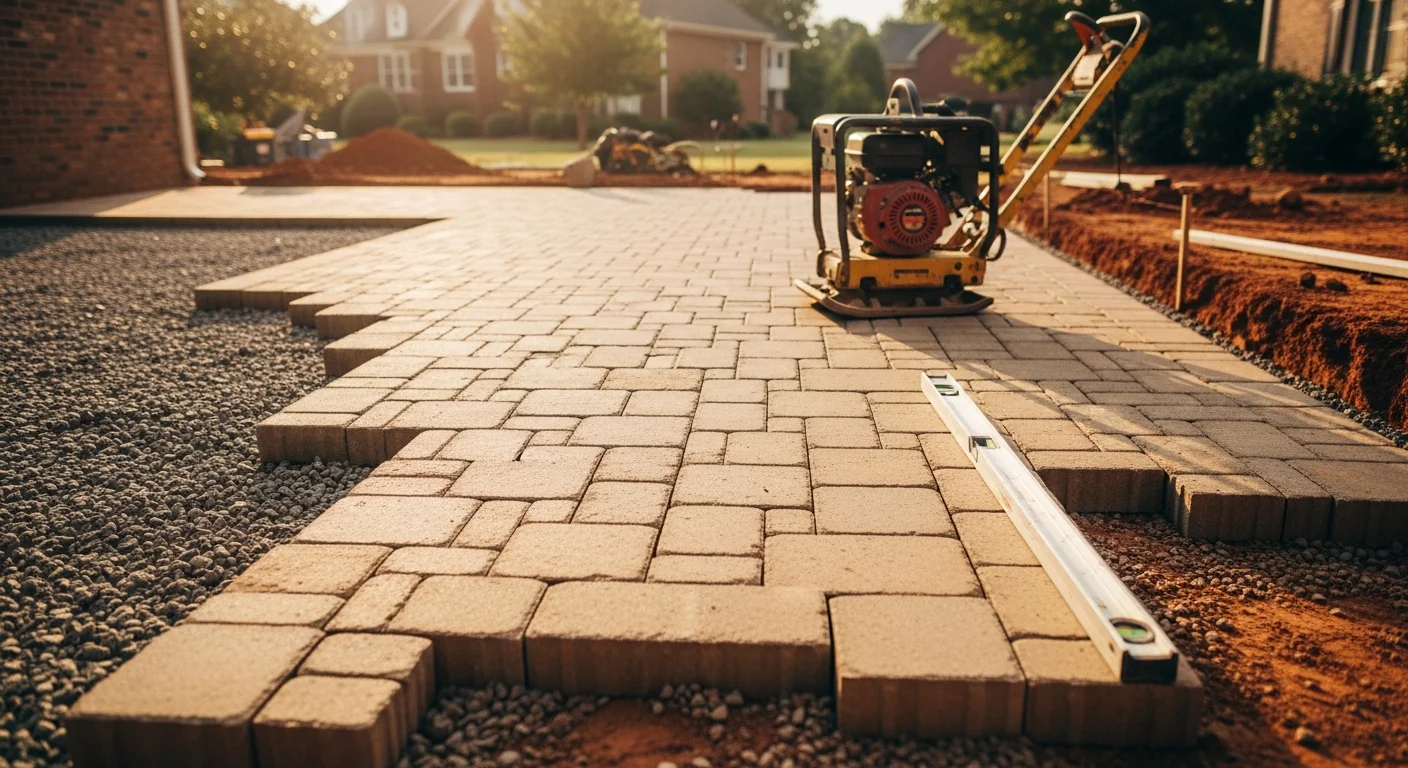 A completed paver patio in a Charlotte, NC backyard, showing a level interlocking paver surface with clean edge restraints and a slight slope away from the home's rear foundation. The surrounding landscape features a grassy lawn and mature trees typical of residential properties in the Charlotte area.