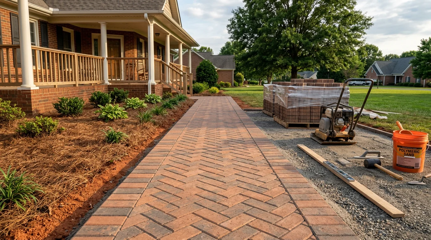 Completed paver walkway installed by Piney Creek Hardscapes at a residential property in Charlotte, NC, showing a straight, level path with clean joint lines and proper edge restraint. The walkway leads from the driveway to the front entry across a well-graded yard.