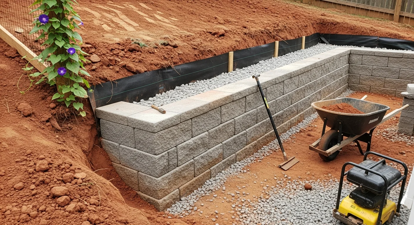 A finished retaining wall built from stacked stone blocks along a sloped residential backyard in Charlotte, NC. The wall creates two level tiers of usable lawn space with clean drainage grading visible at the base.