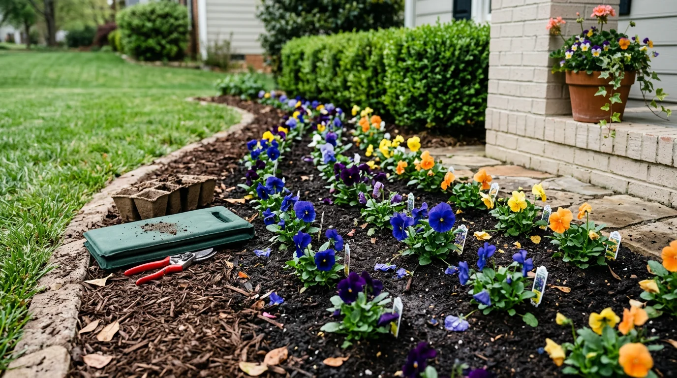 Freshly installed seasonal flower bed in a Charlotte, NC residential front yard, showing warm-season annuals in full bloom along a mulched border. A mix of zinnias and vinca fills the bed in front of a brick home in the Piedmont region.