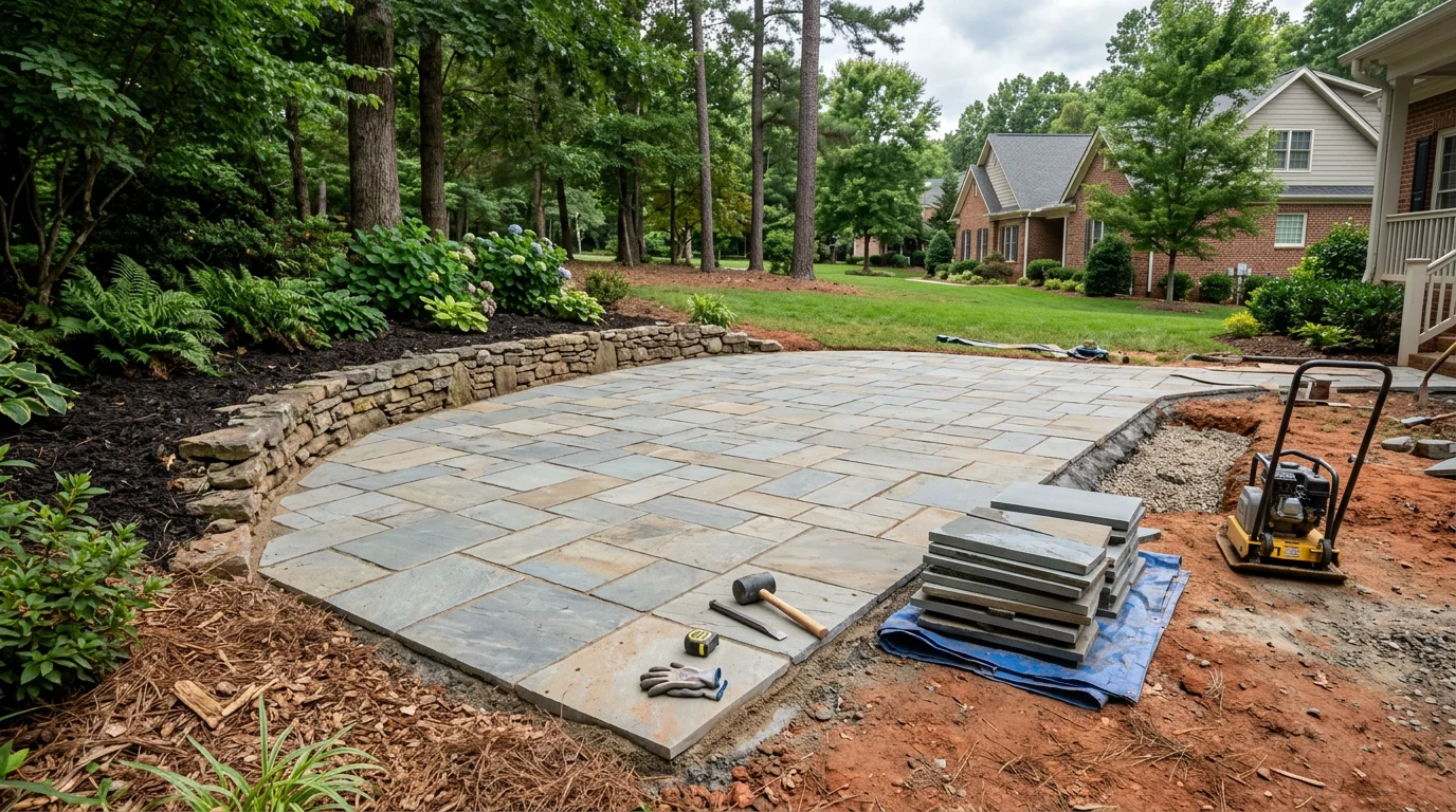 A completed natural stone patio installed in a Charlotte, NC backyard, featuring tightly fitted flagstone with finished joints and a slight grade away from the home. The patio surface is level and ready for outdoor furniture, set against a residential landscape typical of the Mecklenburg County area.