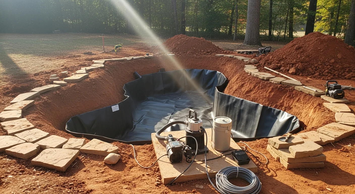 A custom pondless waterfall built into a sloped backyard in Charlotte, NC, with stacked natural stone edges and ground-level planting beds. The feature connects visually to an adjacent patio installed by Piney Creek Hardscapes.