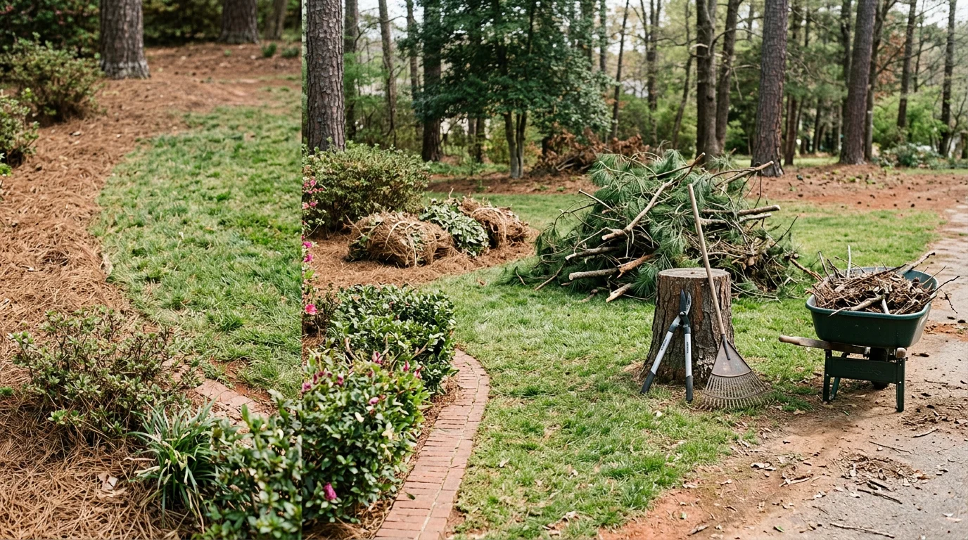 A Charlotte, NC residential backyard after a professional yard cleanup, showing cleared leaf piles, trimmed shrubs, and clean bed edges with no debris remaining on the lawn.