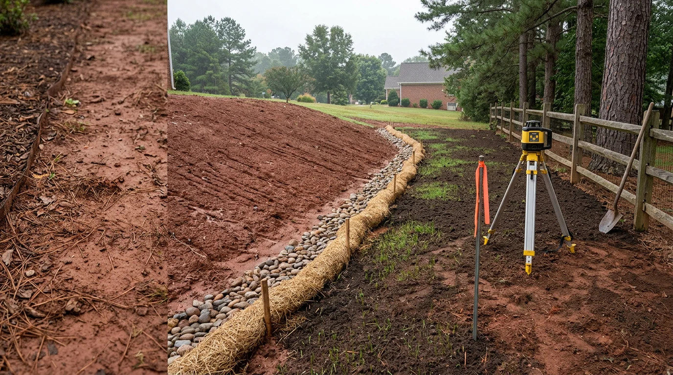 A graded residential backyard in Charlotte, NC with a smooth slope directing water away from the home's foundation toward a defined runoff path. The lawn surface is level and dry following a recent rain, with no visible pooling or erosion.